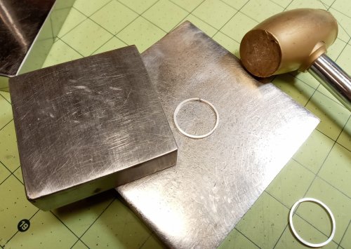 Judy Larson's Five Golden Rings Earrings - , Holiday Designs, Butane Torch, Soldering, Solder, Center a ring on a large bench block